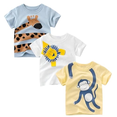 Winzik Boys Shirt Toddler Shirts Kids Boys’ Short Sleeve 3-Pack Crewneck Animal T-Shirt Summer Clothes 18M-8Y(4-5T, Giraffe Lion Monkey)