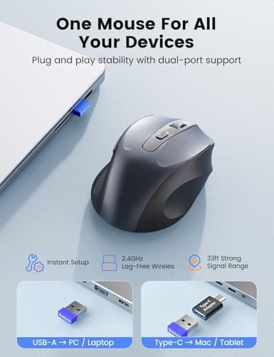 Wireless Mouse for Laptop, 2.4GHz Computer Mouse with USB-A Port &USB-C Adapter, Cordless Office Mice with 6 Buttons & 3 Level DPI for Small to Medium Hands, Work with PC, Desktop, Tablet - M21 — view 4