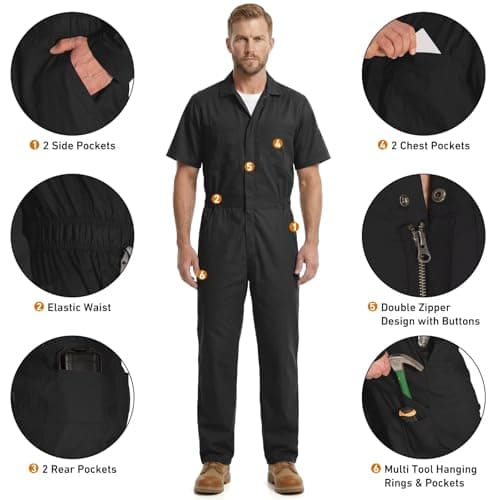 Coveralls for Men Short Sleeve, Cotton Blend Zipper Mechanic Jumpsuit Work with Multi Pockets Utilityl Uniform Fit — view 3