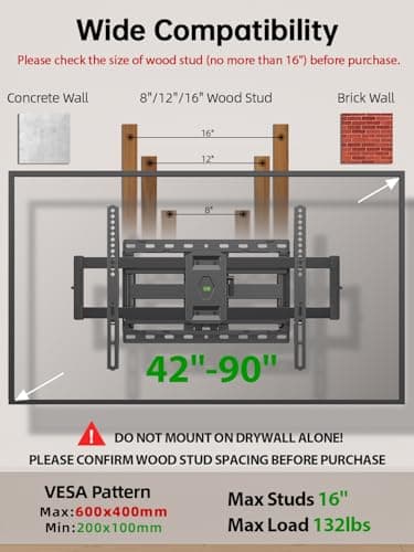 USX Mount Full Motion TV Wall Mount for Most 42-90 inch Flat Screen/LED/4K, TV Mount Bracket Dual Swivel Articulating Tilt 6 Arms, Max 16" Wood Studs, VESA 600x400mm, Holds up to 132lbs
