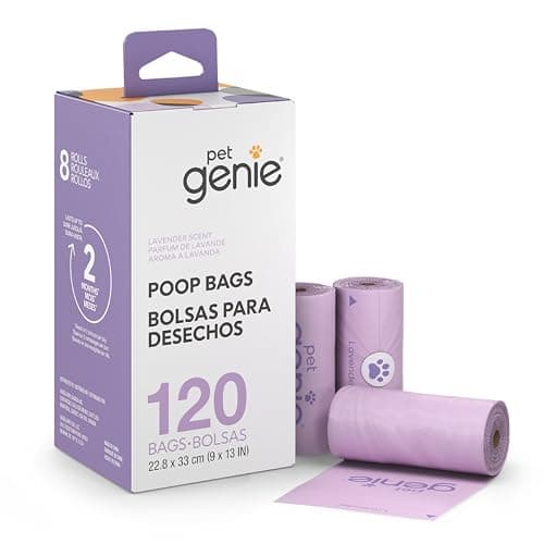 Pet Genie On The Go Dog Poop Bags - Lavender Scented Poo Bags with 65% Recycled Plastic - Durable & Leak-Proof Dog Supplies, 8 Rolls (120 Count)