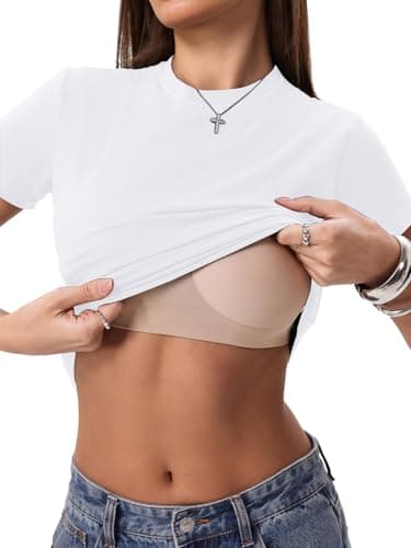 Danysu Cotton Crewneck T Shirts with Built in Bra Summer Short Sleeve Crop Tops for Women Nude Fitted Basic Tees White X-Large