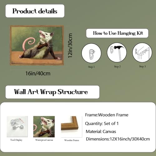 Funny Opossum Wall Art, Whimsical Possum Wall Decor Painting Cute Animal Poster Canvas Prints Picture for Bedroom Living Room 12x16 inch Wood Framed — view 3