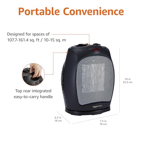 Amazon Basics Oscillating Ceramic Space Heater, Portable Fast Heating Indoor Solution, With Overheat and Tip-Over Protection, Thermostat, 1500W, 7.52"D x 6.34"W x 9.45"H, Black — view 2