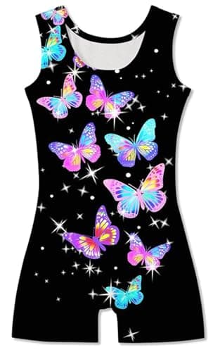 ACOCOPY Girls Black Leotards Sparkly Butterfly Printed Biketards Unitard Sleeveless Stretchy Athletic Outfits With Shorts, little kid