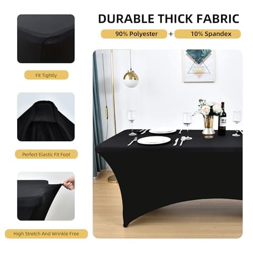 ZarzaaSik 2-Pack 6ft Black Spandex Table Covers for Rectangle Standard Folding Tables - Wrinkle Resistant Stretch Tablecloths - Ultimate Fitted Table Protector for Parties, Trade Shows, Banquet