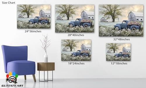Farmhouse Wall Art, Vintage Barn and White Daisy Florals Picture Canvas Wall Art, Country Old Truck Canvas Prints, Vibrant Spring Landscape Prints for Farmhouse Living Room Wall Decor 18x24 Inches — view 4