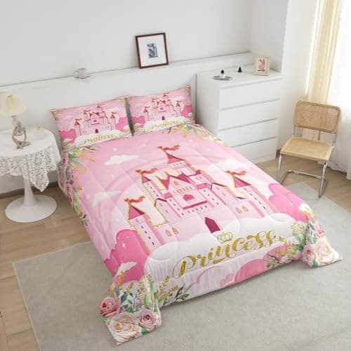 Manfei Kids Princess Comforter Set Bed in a Bag Twin Size 2 Piece Soft Cute Pink Princess Castle Girls Bedding Set (1 Comforter, 1 Pillowcase) — view 2