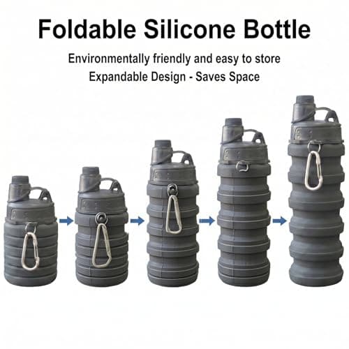 YCTMALL Collapsible Water Bottles Two Pack Travel Sports Portable Sport Water Bottle comes with mountaineering Buckle 500ml silicone Water-proof camping water bottle (Purple and Grey Color)