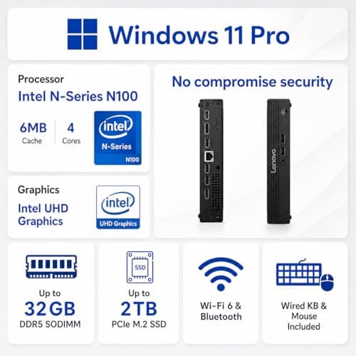 Lenovo mini Desktop, Intel 4-Core Processor, 8GB DDR5 RAM, 256GB PCIe SSD, Wins 11, Wi-Fi, Bluetooth, HDMI, DisplayPort, RJ-45, USB, Wired KB & Mouse, Ideal for Everyday Work, Learning, and Home Use — view 2