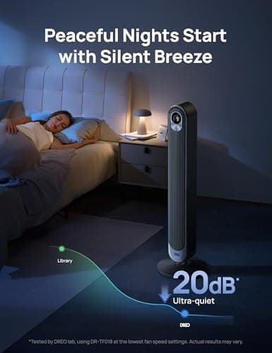 DREO Tower Fan for Bedroom, DC Motor, 28 ft/s, 20dB Quiet Oscillating Bladeless Fan with Remote, 9 Speeds, 4 Modes, 12H Timer, LED Display, Standing Floor Fan Powerful for Indoor Home Office Room — view 2