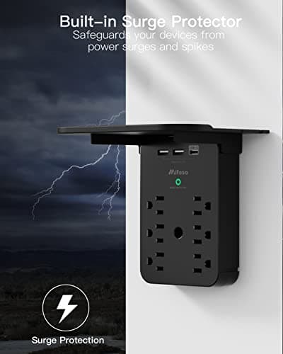 Wall Outlet Extender - Surge Protector 6 AC Outlets Multi Plug Outlet with Shelf, 2 USB and USB C Charging Ports Wall Plug Expander, USB Wall Charger Outlet Splitter for Home (Black) — view 4