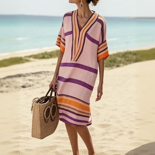 Dresses for Women Linen 3/4 Sleeve Midi Dresses Cute Striped Dress Summer V Neck Boho Vacation Dress Casual Outfits Pink-XXXL
