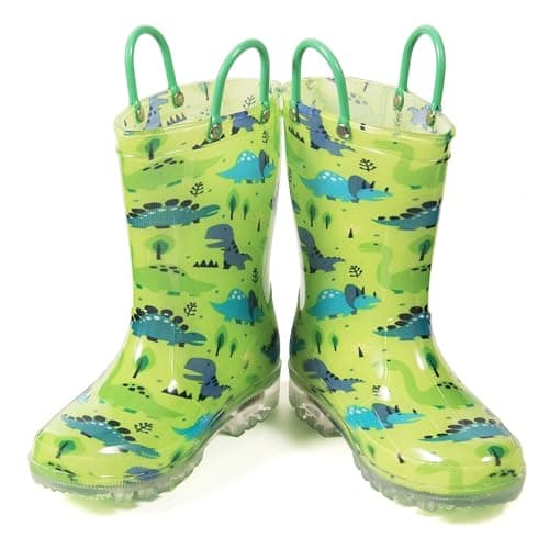 HugRain Toddler Boys Rain Boots Baby Kids Light Up Printed Waterproof Shoes Rubber Garden Puddle Boots Lightweight Adorable Cute Green Dinosaur Easy-On Handles and Insole (Size 10,Green) — view 4