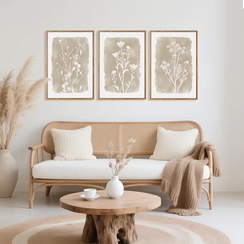 CHDITB Botanical Farmhouse Wall Art Set, Framed Boho Plant Wall Decor, Neutral Minimalist Floral Wall Painting, Rustic Wildflower Canvas Art Prints for Living Room, Bedroom, Bathroom - Large 16"x24"x3