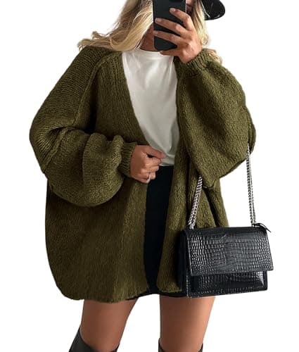 PRETTYGARDEN Womens Oversized Cardigan Sweaters 2026 Fall Long Lantern Sleeve Knit Open Front Lightweight Sweater (Army Green,Small)