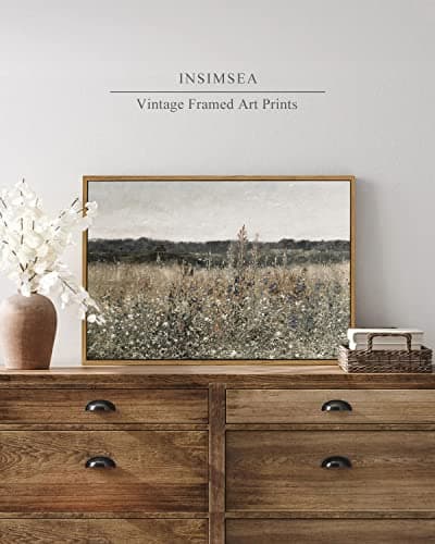 InSimSea Framed Wall Art Decorations, Wildflower Field Vintage Wall Art Canvas Prints, Modern Farmhouse Bathroom Home Wall Decor 16x24in