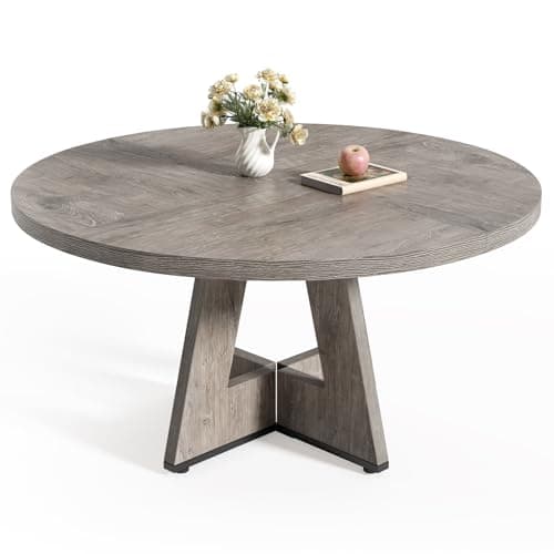 LITTLE TREE Round Dining Table for 4-6 People, 47 Inches Grey Dining Room Table with Wooden Pedestal Base, Farmhouse Dinner Tables, Circle Kitchen Tables for Dining, Kitchen, Living Room
