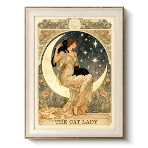 VIYYIEA Cat Lady Vintage Poster Nouveau Framed Wall Art, Canvas Print Waterproof Moon and Stars Aesthetic, Home Decor for Living Room Bedroom Art for Cat Lovers 12x16 Inch