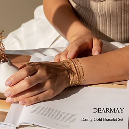 DEARMAY Gold Bracelets for Women Non Tarnish 14K Gold Plated Minimalist Bracelets Stack for Women Trendy Dainty Stackable Paperclip Rope Snake Box Figaro Chain Bracelets Set Pack Jewelry Sets Costume Fashion Gifts — view 3