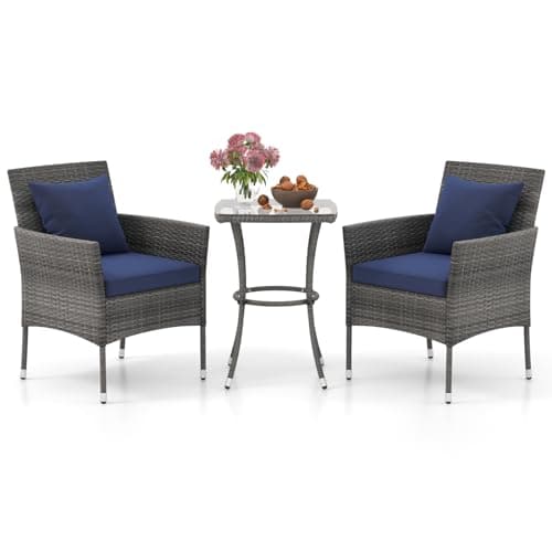 DORTALA Wicker Patio Furniture Set 3 Piece, Small Outdoor Table & Chairs with Tempered Glass Tabletop, Cushions, Rattan Conversation Bistro Set for Balcony, Porch, Backyard, Deck, Mix Gray+Navy