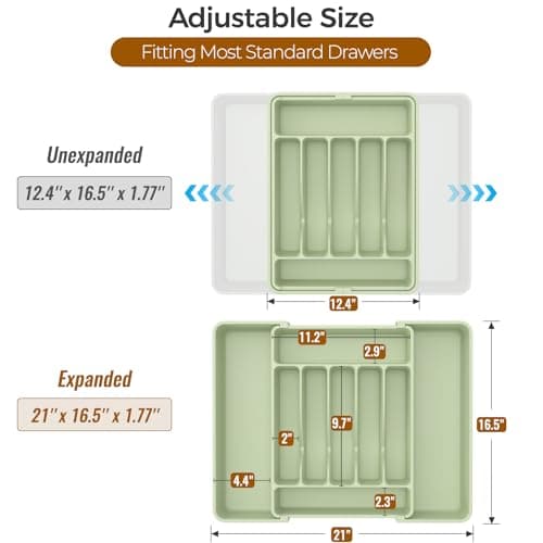ukeetap Extra Large Expandable Silverware Organizer, BPA-Free Food-Safe Cutlery Flatware Organizer, Kitchen Utensil Drawer Organizer, Adjustable Silverware Holder for Spoons Forks Knives, Green — view 2
