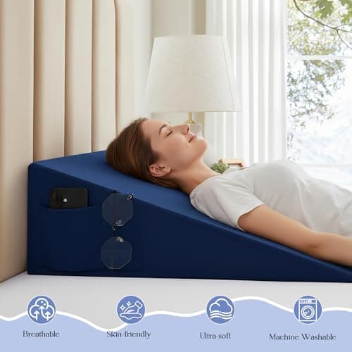 INVGEEXI Navy Blue Bed Wedge Pillow Cover with Side Pocket, Soft & Breathable Microfiber Wedge Pillow Case Cover with Zipper, 24" L x 24" W x 12" H (Pillow Not Include) — view 4