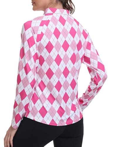 MoFiz Women's Golf Polo Shirt UPF 50+ Sun Protection Long Sleeve T-Shirt 1/4 Zip Pullover Athletic Hiking Runing Tops Pink Argyle XL — view 3
