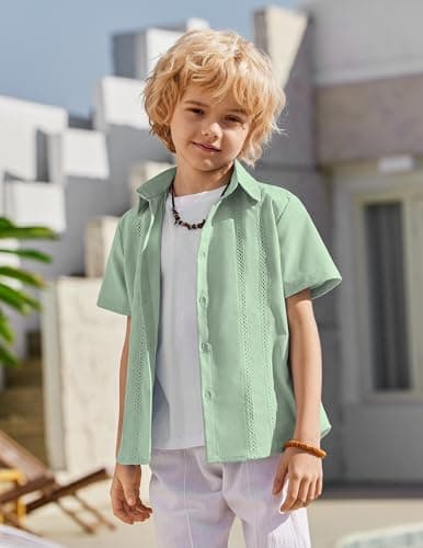 Arshiner Boys Button Down Shirt Short Sleeve Knit Shirt Summer Vintage Fashion Casual Beach Shirts for Kids 4-12 Years Light Green — view 3