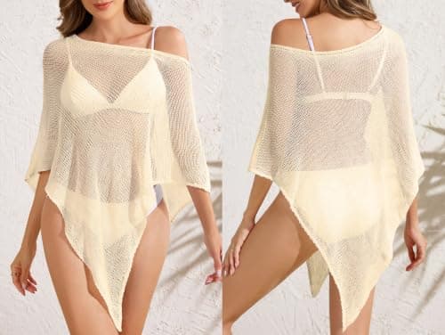 Vicarly Off The Shoulder Sheer Crochet Vacation Outfits Poncho Sweater Top Summer Beach Cover Up Women See Though Thru Festival Shawls Bolero Shrug Rave Resort Going Out Wear Swimsuit Crochet Beige M