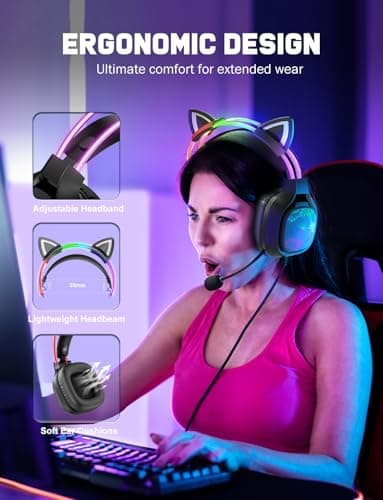 ONITOON Gaming Headset with Microphone, RGB Lights, Detachable Cat Ear, Lightweight Over-Ear Headphones with Adjustable Headband for PC, PS4, PS5, Mac, Switch, Surround Sound, in-Line Control, Black — view 5