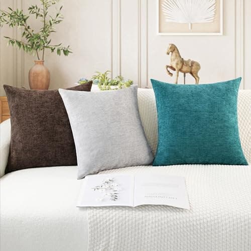 CaliTime Pack of 2 Cozy Throw Pillow Covers Cases for Couch Sofa Home Decoration Solid Dyed Soft Chenille 18 X 18 Inches Teal — view 4