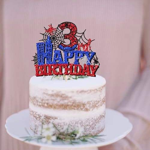 YCTHUNFISH 1 PCS Happy 3th Birthday Cake Topper Spider Web Cheers to 3 Years Third Birthday Cake Pick Superhero Spider Party Decorations for kids Happy 3th Birthday Party Cake Decorations Supplies — view 3