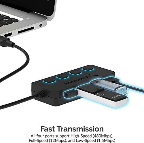 SABRENT 4 Port USB 2.0 Data Hub with Individual LED lit Power Switches [Charging NOT Supported] for Mac & PC (HB-UMLS) — view 3