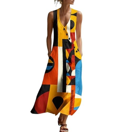 Maxi Sundresses for Women,Summer Vacation Boho Beach Dress,Sleeveless Pure Floral Asymmetric Button V Neck Dresses