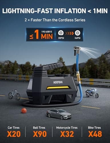 AstroAI AIRUN H Tire Inflator Portable Air Compressor Air Pump for Car Tires-Car Accessories, 9.8Ft Cord-12V DC-Powered Auto Pump with Digital Pressure Gauge, LED Light for Bicycle, Balloons, Yellow — view 2