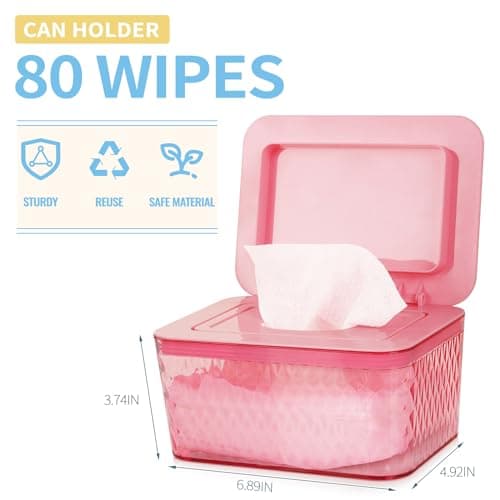 Whiidoom Wipes Dispenser, One-Handed Operation Wipe Holder for Baby & Adult, Seal-Designed Wipes Container for Bathroom Keep Diaper Wipes Fresh (Pink)