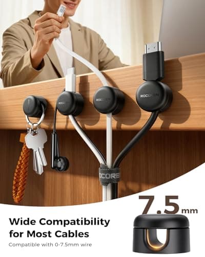 Rocoren 50 PCS Cable Management Kit 10 Magnetic Rotatable Cable Clips,40 Reusable Velcro Cord Organizer Straps, Cord Holder Accessories for Under Desk,Nightstand,Home and Office — view 2
