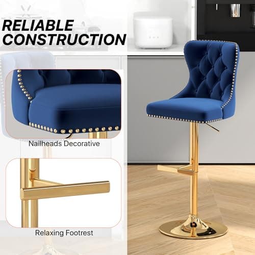 GOOLON Bar Stools Set of 2, Velvet Swivel Counter Height Stools with Tufted Back, Adjustable Seat with Nailheads Trim, Upholstered Bar Chairs with Gold Base for Kitchen Island, Pub, Blue — view 4