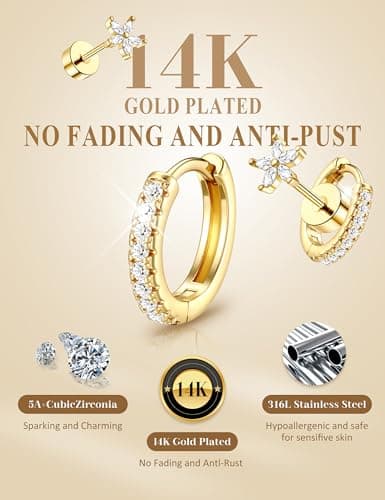 Hypoallergenic Gold Stud Earrings for Women - 14k Gold Plated Surgical Stainless Steel Flat back Earrings Set Small Huggie Hoop Flatback Earring for Sensitive Ears Screw Back Cartilage Piercing Jewelry — view 3