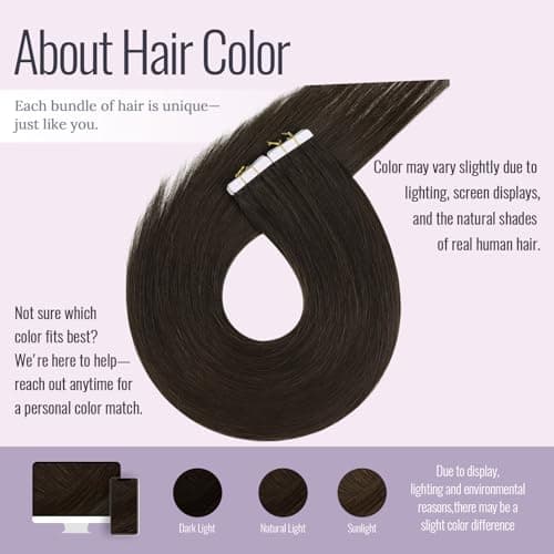 Fshine Tape in Hair Extensions Dark Brown Tape Human Hair Extensions 18 Inch Seamless Skin Weft Double Sided PU Glue in Extensions Invisible 50 Grams