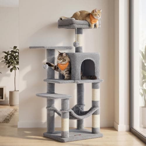 Feandrea Cat Tree Tower, 112 cm, 2 Perches, Hammock, Light Gray