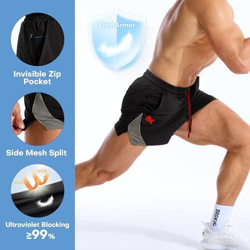 BROKIG Men's LightArmor Bodybuilding Gym Shorts with Zip Pocket,3" Quick Dry Summer Running Shorts for Workout Tennis(Black,X-Large) — view 3