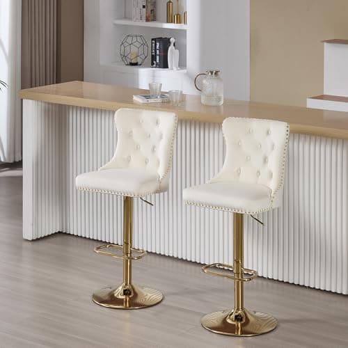 Chummaven Bar Stools Set of 2 Velvet Swivel Kitchen Counter Chairs with Tufted High Back Modern Upholstered Gold Barstools with Lion Pull Ring/Golden Base for Dining Room/Home Bar/Kitchen, Cream — view 6