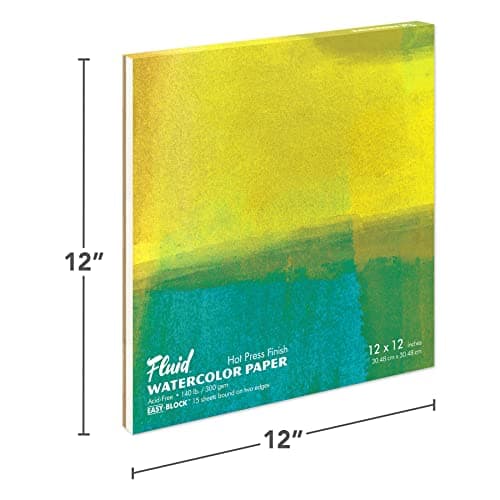 Fluid Watercolor Paper Block, 12 x 12 inches, 15 Sheets, 140 lb (300 GSM) Hot Press Pad for Artist Painting and Wet Media