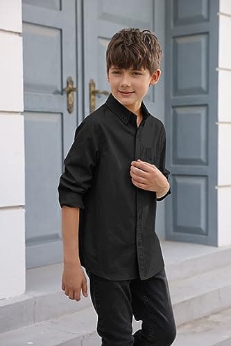 Haloumoning Boys' Long Sleeve Dress Shirts Classic Collared Button-Down Tshirt Solid Cotton Top with Chest Pocket, Black, 8-9 Years — view 3