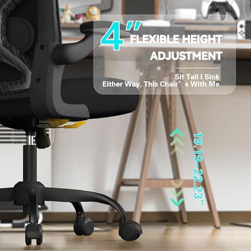 Ergonomic Office Desk Chair with 3.5" Thick Cushion, Adjustable Lumbar Support, Flip-Up Arms, Breathable Mesh Back Chair –Computer Task Chair for Home Office (Black-Black-C Fiber, Solid Back) — view 3