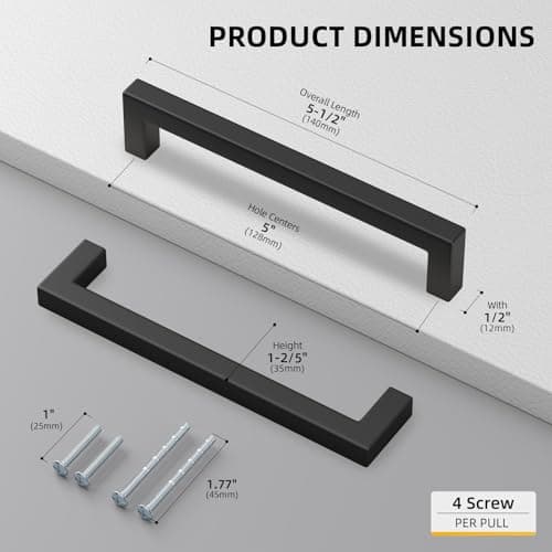 goldenwarm Black Cabinet Handle 5in 10Pack Stainless Steel Square Bar Drawer Handles for Kitchen Cupboard| Poignée Armoire Cuisine Noire 5po Acier Inoxydable Moderne Pour Cuisine Salle de Bain