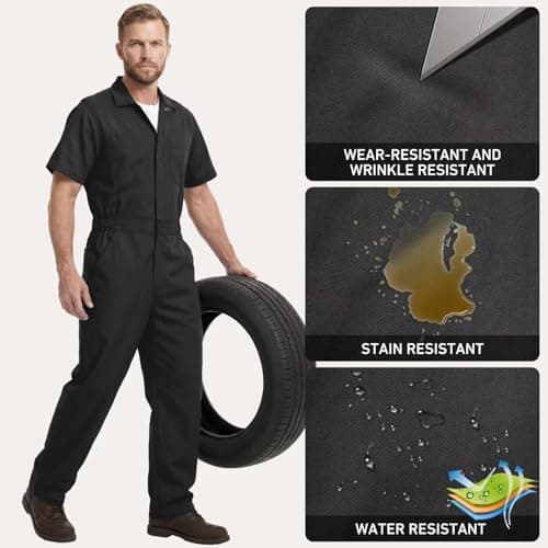 Coveralls for Men Short Sleeve, Cotton Blend Zipper Mechanic Jumpsuit Work with Multi Pockets Utilityl Uniform Fit