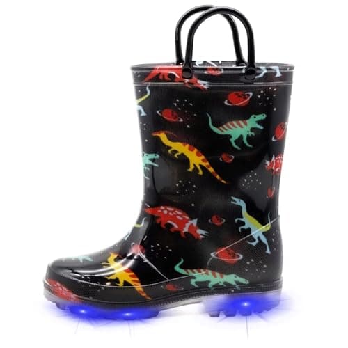 EUXTERPA Kids Toddler Light Up Rain Boots Boys Waterproof Patterns and Glitter Boots with Easy On Handles, Black Dinosaur, Little Kid Size 11